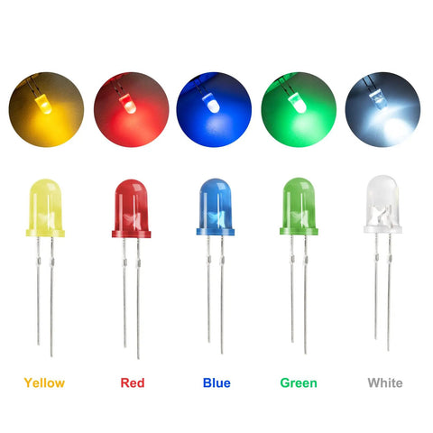 450 Piece 5mm LED Diode Kit With Five Colors White Red Yellow Green Blue For DIY Electronics Projects And Lighting Experiments Assorted Mini Round Top Light Emitting Diodes showing illuminated and unlit LEDs