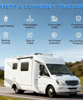 Road Ready 55000 BTU Propane Tankless Water Heater For Camper Delivers Instant Hot Showers features safety icons and RV in motion.