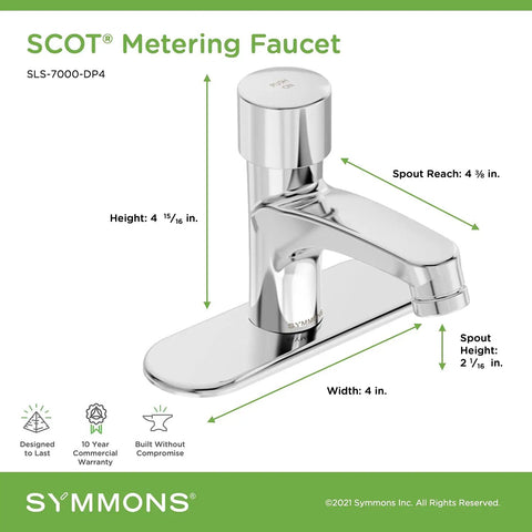 SLS 7000 DP4 Scot Metering Lavatory Faucet With Four Inch Deck Plate In Polished Chrome Low Flow 0.5 GPM With Adjustable Timing