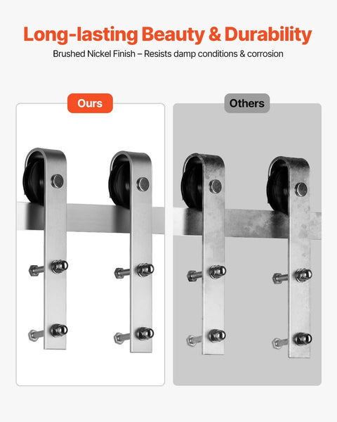 Comparison of brushed nickel J shape rollers for 5Ft Brushed Nickel Sliding Barn Door Hardware Kit With 330 Lb Capacity, Fits Doors Up To 30 Inches Wide And One And Three Eighths To One And Three Quarters Inches Thick, Durable Track And J Shape Rollers For Smooth Quiet Operation