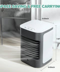 Black 3-In-1 Mini Evaporative Air Conditioner Fan With USB Charging on table, space-saving design, dimensions 5.43x7.87x5.43 inches