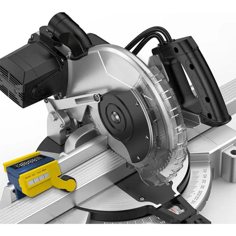0-99 Mm High Precision Distance Measuring Wheel Nifty Tracking Device for Woodworking Carpentry and Handyman Tasks shown next to sliding miter saw.