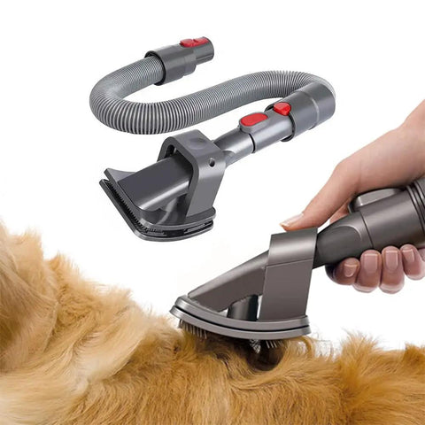 Pet Vacuum Attachment Set For Dyson With Extended Hose And Trigger Lock 3 Grooming Tools Including Soft Deshedding Brush in use