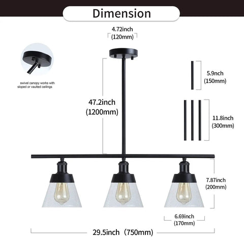 Dimensions diagram of Dope 3 Light Farmhouse Black Kitchen Island Pendant Light With Clear Seeded Glass And Adjustable Rods.