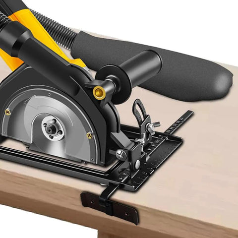 Heavy Duty Angle Grinder Bracket With Integrated Dust Collection System For Smooth Bevel Adjustments Up To Forty Five Degrees mounted on wood workbench.
