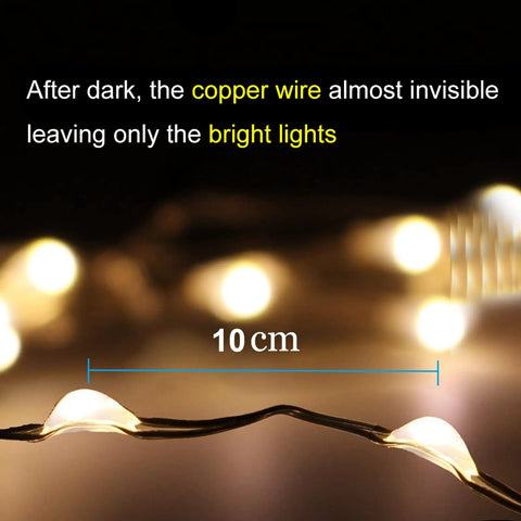 Close-up of Outdoor Dope Solar String Lights 39 Feet Copper Wire With 120 LED Eight Modes Warm White Waterproof