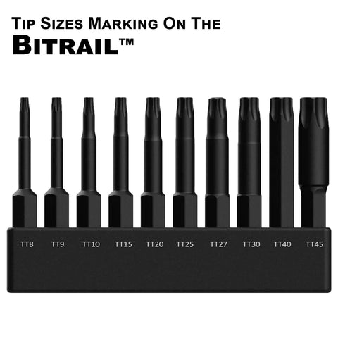Security TORX Bit Set For Impact Drivers, 2 Inch S2 Steel Bits With Manganese Phosphate Coating, Includes T8 T9 T10 T15 T20 T25 T27 T30 T40 T45, 10-Piece Tamper Proof Star Bit Set Built For Heavy Duty Projects, showing bits in holder with size markings