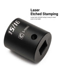 Close-up of a laser-etched shallow impact socket from the Three Eighths Inch Drive Shallow And Deep Impact Socket Set In Metric Sizes 8 To 22 Mm Premium Chrome Molybdenum Steel 30 Piece Heavy Duty Kit For Power Tools.