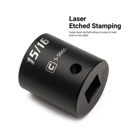 Close-up of 15/16 inch socket from Three Eighth Inch Drive Shallow Impact Socket Set Metric 8 To 22 Mm Premium Chrome Molybdenum Steel 15 Piece.
