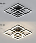 64W Dimmable Black 5 Square LED Ceiling Light With Remote Control Flush Mount Chandelier in off and on state