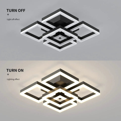 64W Dimmable Black 5 Square LED Ceiling Light With Remote Control Flush Mount Chandelier in off and on state