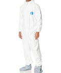 Person wearing Disposable Tyvek Coverall Suit With Elastic Wrists Boots And Hood White X Large Front Zipper Serged Seams