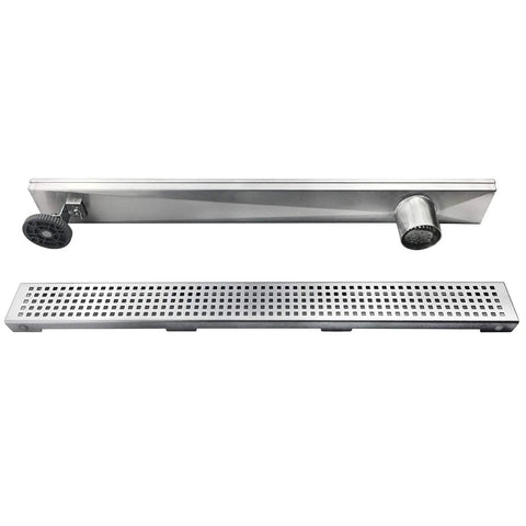 36 Inch Offset Linear Shower Drain With Side Outlet And Quadrato Grate Cover Brushed 304 Stainless Steel Rectangle Floor Drain