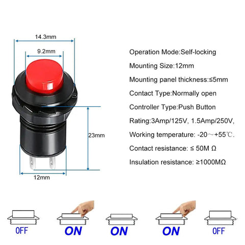 Red push button switch from Pack Of 24 12mm Latching Push Button Switches SPST On Off AC 250V 1.5A And 125V 3A Lockable Mini Round Rockers
