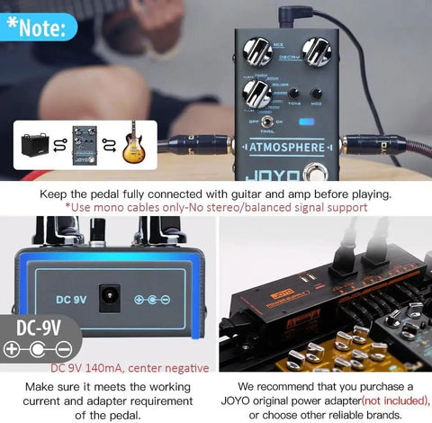Digital Reverb Guitar Pedal With Nine Modes Including Spring Church Plate Shimmer And More MOD Control And Trail Bypass Atmosphere R14 with connection cables and power adapter visible.