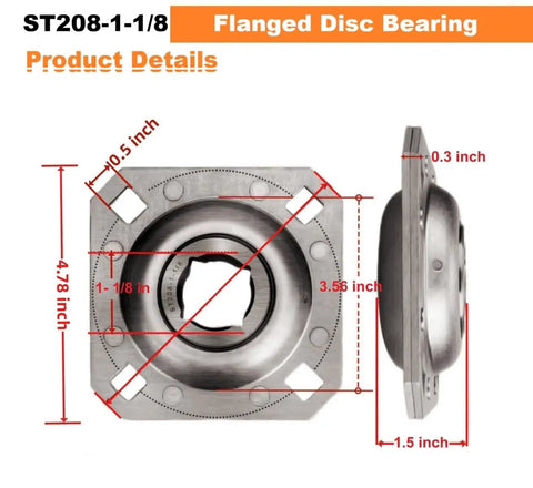 Flanged Disc Bearing Unit for Farm Disc Harrows With 1-1/8 Inch Square Bore, Heavy Duty Replacement Bearing, dimensions illustrated