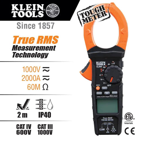 Digital Clamp Meter With Auto Range TRMS For AC DC Voltage And Current Up To 2000A, Tough And Pro Grade illustrated on package