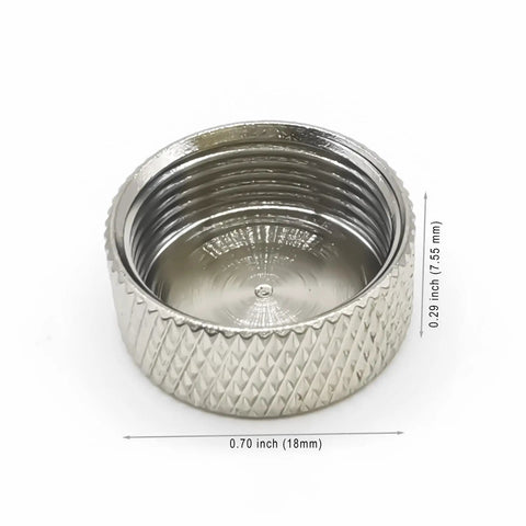 Close-up of nickel-plated dust cap from Coax Adapter Dust Cap Set For SO239 UHF PL259 And Type N Female Connectors Protective Dust Covers For N Female Or SO239 Nickel Plated Antenna Adapter Caps 3 Pack