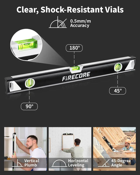 Top Tier 4 Piece Shockproof Spirit Level Set With Super Grippy Magnetic Hold And Exposed Round Magnets That Clamp Down Solid On Steel Beams For Roughneck Carpentry And Weekend Warrior Builds