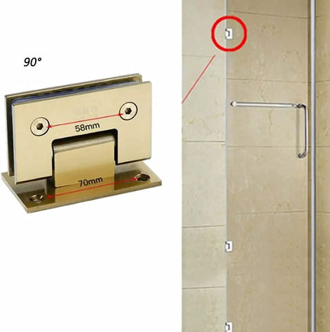 Heavy Duty Brushed Gold Shower Door Hinges With Double Pivot Design And Anti Slip Gasket mounted on frameless glass, showing dimensions.