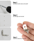 Step-by-step guide showing Rock Solid Heavy Duty Metal Shelf Pegs Rust Proof Support Pins For Wood Shelving installation process.