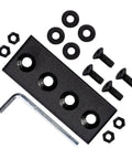 Black Metal Track Connection Plate For Sliding Barn Door Track Fixing Connector, screws, washers, and hex key