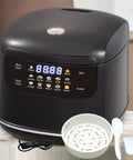 Compact 2.1 Quart Smart Rice Cooker With Steamer Basket, 400W Quick Cooker, 10 functions visible, placed on kitchen counter