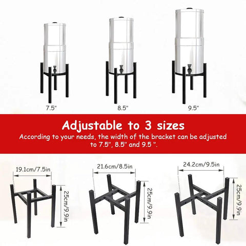 Adjustable Water Filter Stand, 8 Inch Tall, Fits 7.5, 8.5, 9.5 Inch Wide Tanks, shown in three adjustable sizes with measurements.