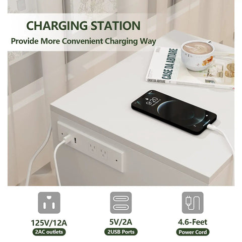 Ultra Sleek White Nightstand Packs A Rapid Charging Hub And Ambient Led Lighting While Guarding A Legit Hidden Safe For Stashing Cash And Electronics Plus Extra Power Outlets with charging station and phone.