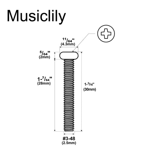 Heavy Duty Stainless Steel Humbucker Pickup Screws With Nickel Finish Twenty Pack diagram showing dimensions and specifications.