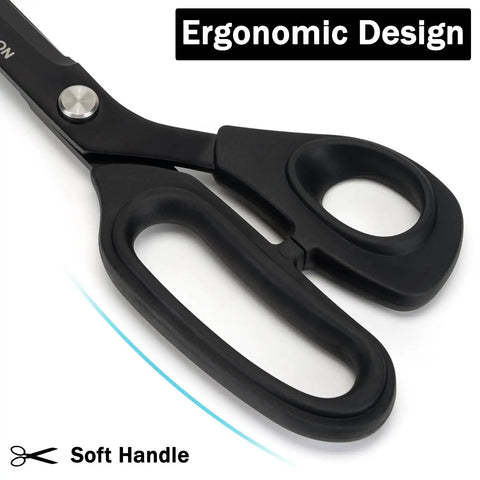 10 Inch All Purpose Heavy Duty Scissors For Home Office And Workshop, Workhorse Steel Blades For Cutting Fabric Paper Cardboard Leather And More, Rust Resistant With Comfortable Grip And Durable Construction, ergonomic black handle close-up