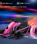 Ride On Go Kart For Kids With 24V 9Ah Battery Dual 300W Motors 8 MPH Fast Drifting Circuit Car Electric Ride On Toy With Slow Start Music Horn And Max Load 155 Lbs For Ages 8 Rose, pink go-kart with black seat and colorful drifting effect.