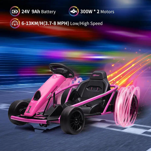 Ride On Go Kart For Kids With 24V 9Ah Battery Dual 300W Motors 8 MPH Fast Drifting Circuit Car Electric Ride On Toy With Slow Start Music Horn And Max Load 155 Lbs For Ages 8 Rose, pink go-kart with black seat and colorful drifting effect.