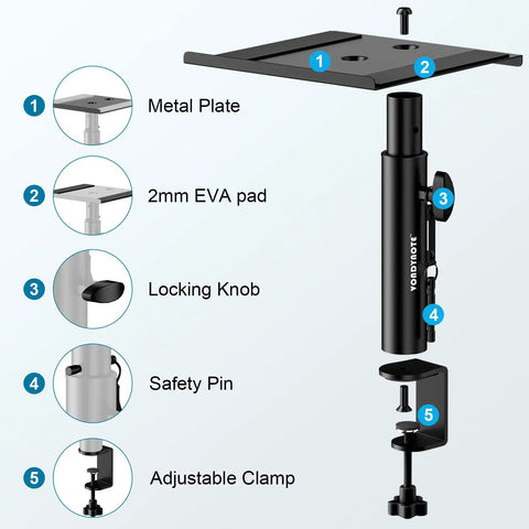 Diagram of Set Of Two Dope Desktop Monitor Stands With Wall Mount Option Clamp Speaker Stands For Studio Monitors, showing features.