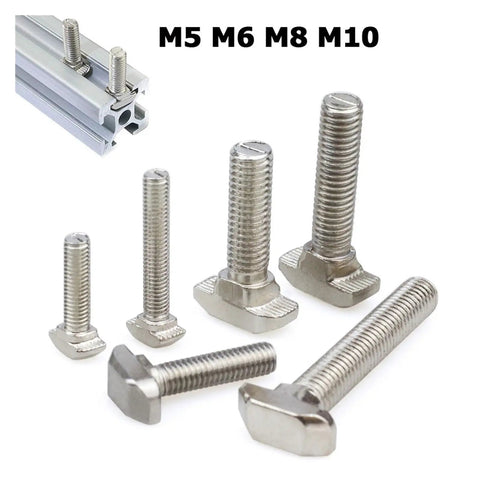 Nickel Plated Steel Hammer Head T Bolts M5 To M10 For 20 30 40 45 Aluminum Profile Connectors shown in various sizes