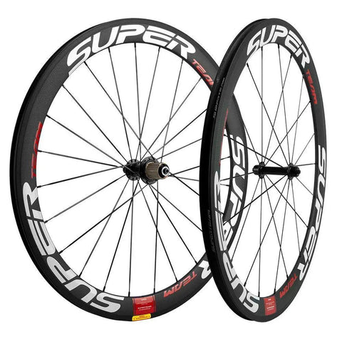 50mm Carbon Clincher Wheelset For Road Racing 700c With 23mm Width Toray T700 Matte 3K Finish UCI Approved White And Red Decals