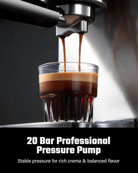 Kickstart Your Day Grind With This 20 Bar Espresso Machine Featuring Auto Milk Frother Smart Touchscreen And Sleek Steel Build For Bold Shot Creation No Fuss Cafe Sips Anytime Durable Kitchen Win, espresso brewing with 20 bar pump.