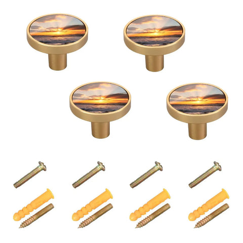 Sunset Ocean Gold Cabinet Knobs 2 In 1 Acrylic Drawer Pulls featuring a golden base and sunset design, 1.26 inch diameter, 4 pack with screws included.
