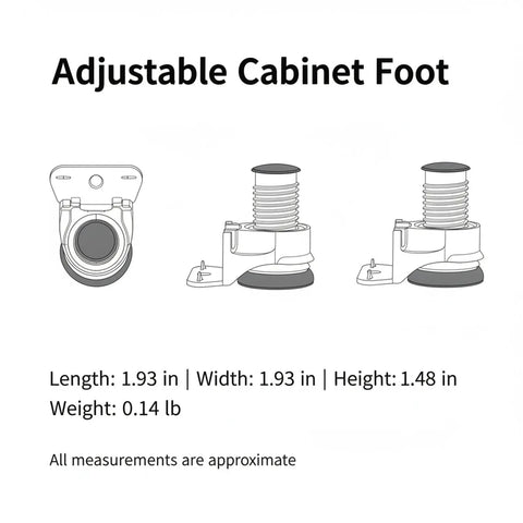 Illustration of adjustable cabinet foot, dimensions 1.93x1.93x1.48 in, zinc alloy furniture leg for leveling cabinets on uneven floors.