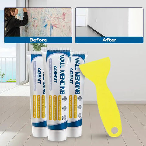 Fast Drying Drywall Patch Repair Kit For Holes And Cracks Easy DIY Friendly Wall Mending Paste tubes and spatula on floor.