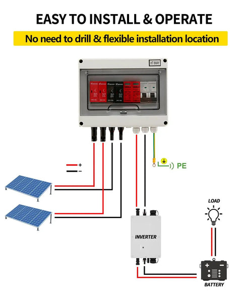 Diagram showing installation of Two String PV Combiner Box For Solar Systems, 600V DC, IP65 Waterproof, with inverter, battery, and solar panels.