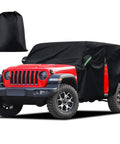 Jeep Wrangler 4 Door Cab Cover 2007-2025 JK JL All Weather Waterproof Cabin Coverage With Driver Door Zipper Windproof Straps UV Protection Against Snow Rain Dust on red Jeep with storage bag