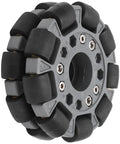 Close-up of a 100mm Double Plastic Omnidirectional Wheel for Robotics, showcasing 360-degree movement with rubber rollers.