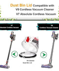 Upgrade Your Dyson V7, V8, SV10, Or SV11 With This High Capacity Replacement Dust Cup And Trash Can Container showing V7 and V8 vacuum models with dust bin lid.