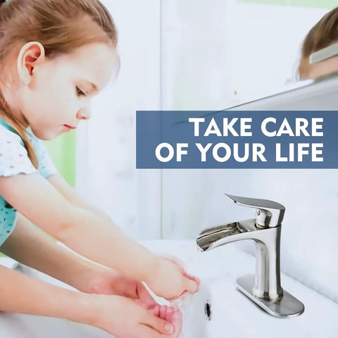 Child washing hands at sink with Brushed Nickel Waterfall Bathroom Faucet With Single Hole Design, Single Handle and Deck Plate
