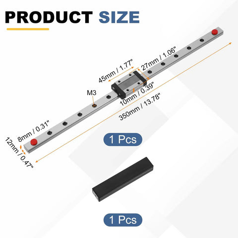 MGN12 350mm Linear Sliding Rail Guide Kit with MGN12H Carriage Block dimensions view