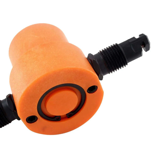 Close-up of an orange multipurpose double head sheet nibbler metal cutter drill attachment for iron, stainless steel, aluminum, and plastic.