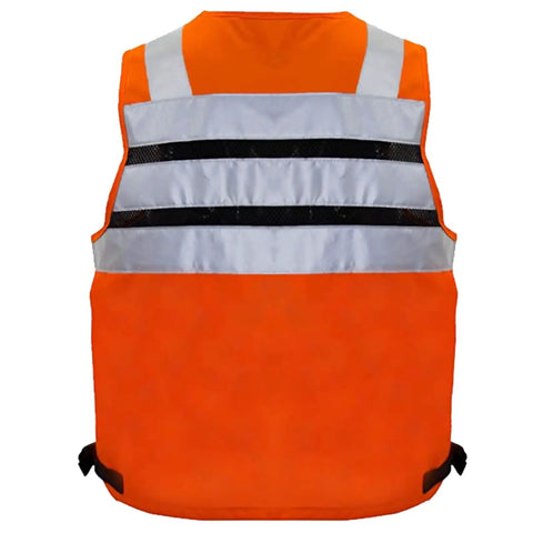 High Visibility Reflective Safety Vest With Heavy Duty Construction And Plenty Of Pocket Space For Tools On Any Job Site Hella Bright Orange Unisex Work Vest In Three X Large Size, back view showing reflective stripes.