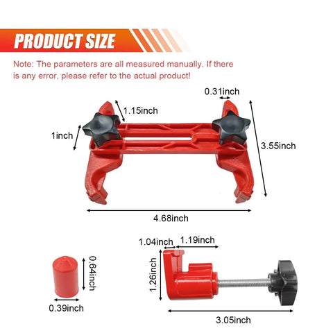 Automotive camshaft locking tool kit, red frame with black star knobs, three-piece set (front view)