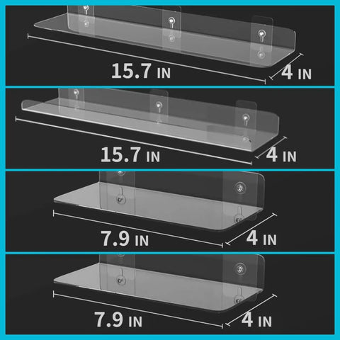 Clear Acrylic Floating Shelves No Drill No Damage Wall Mounted No Mess 4 Pack Renter Friendly showing dimensions.